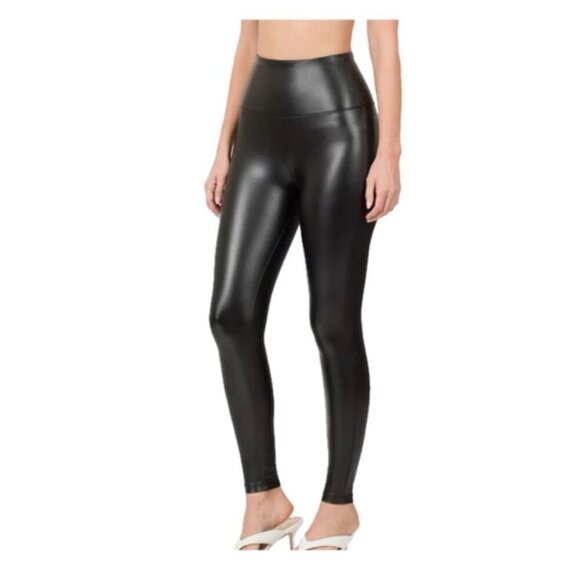 MOTO LEGGINGS FAUX LEATHER BLACK EMO HIGH RISE FREE WAISTBAND ANKLE LENGTH GOTH - Picture 2 of 13